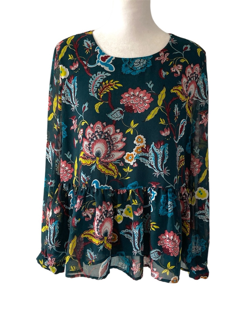 LOFT Medium Teal Floral Ruffled Hem Blouse Long Sleeves